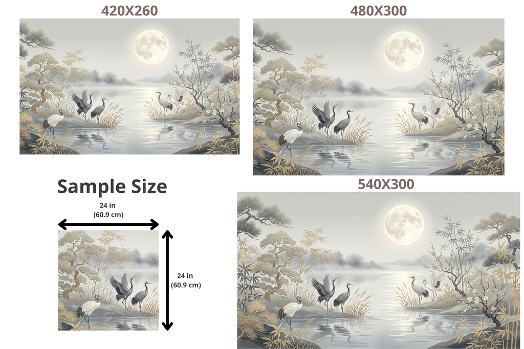 Zen Moonlight Crane & Bamboo Wall Mural Silver and Faux Gold Chinoiserie Wallpaper