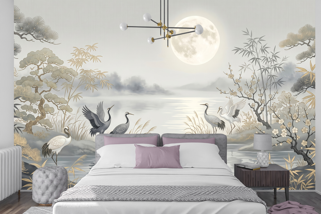 Zen moonlit landscape peel and stick wallpaper behind a luxurious minimal bed