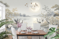Silver and gold Chinoiserie crane mural in an elegant modern dining room