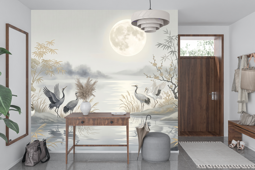 Faux gold botanical and grey mountain landscape wall mural transforming a chic living room