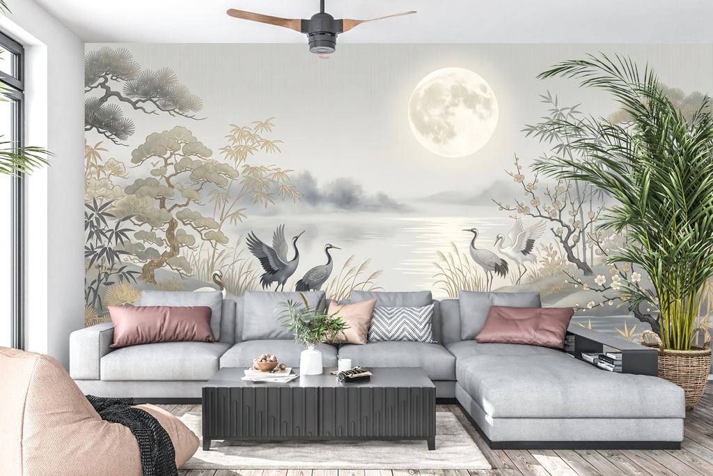 Calm Japanese inspired nature wall mural creating a restorative zen space