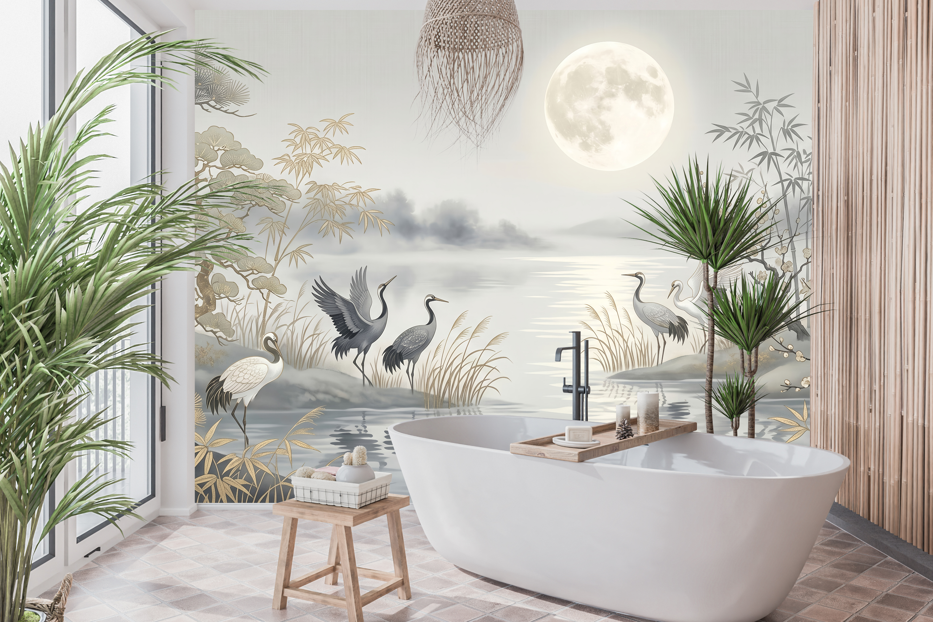 Waterproof vinyl serene misty water and bamboo wallpaper applied in a spa-like bathroom