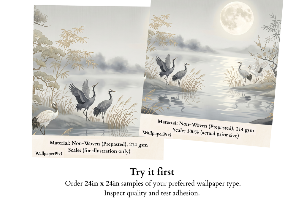 Zen Moonlight Crane & Bamboo Wall Mural Silver and Faux Gold Chinoiserie Wallpaper