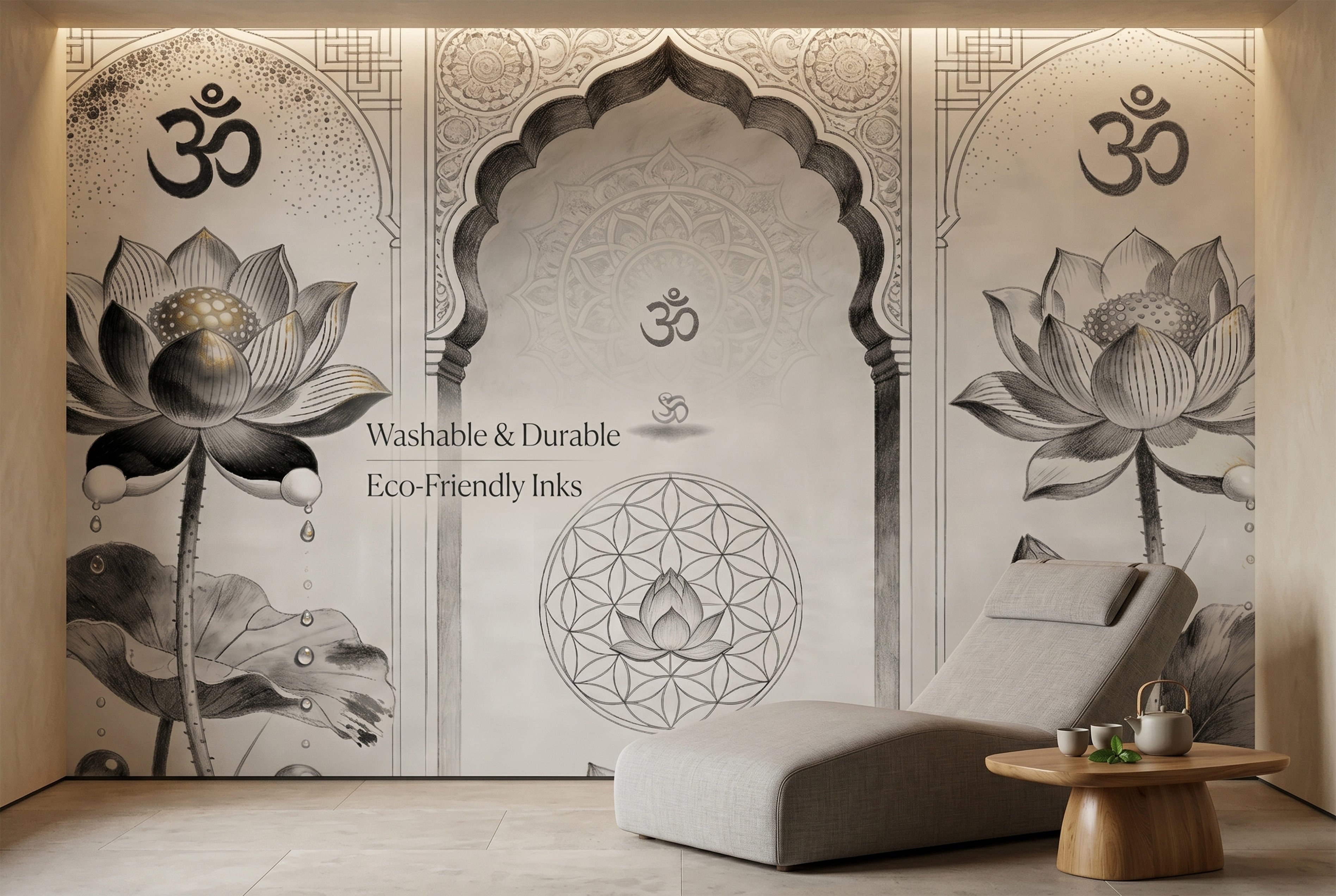 Zen style minimalist mandala peel and stick wallpaper in a wellness spa