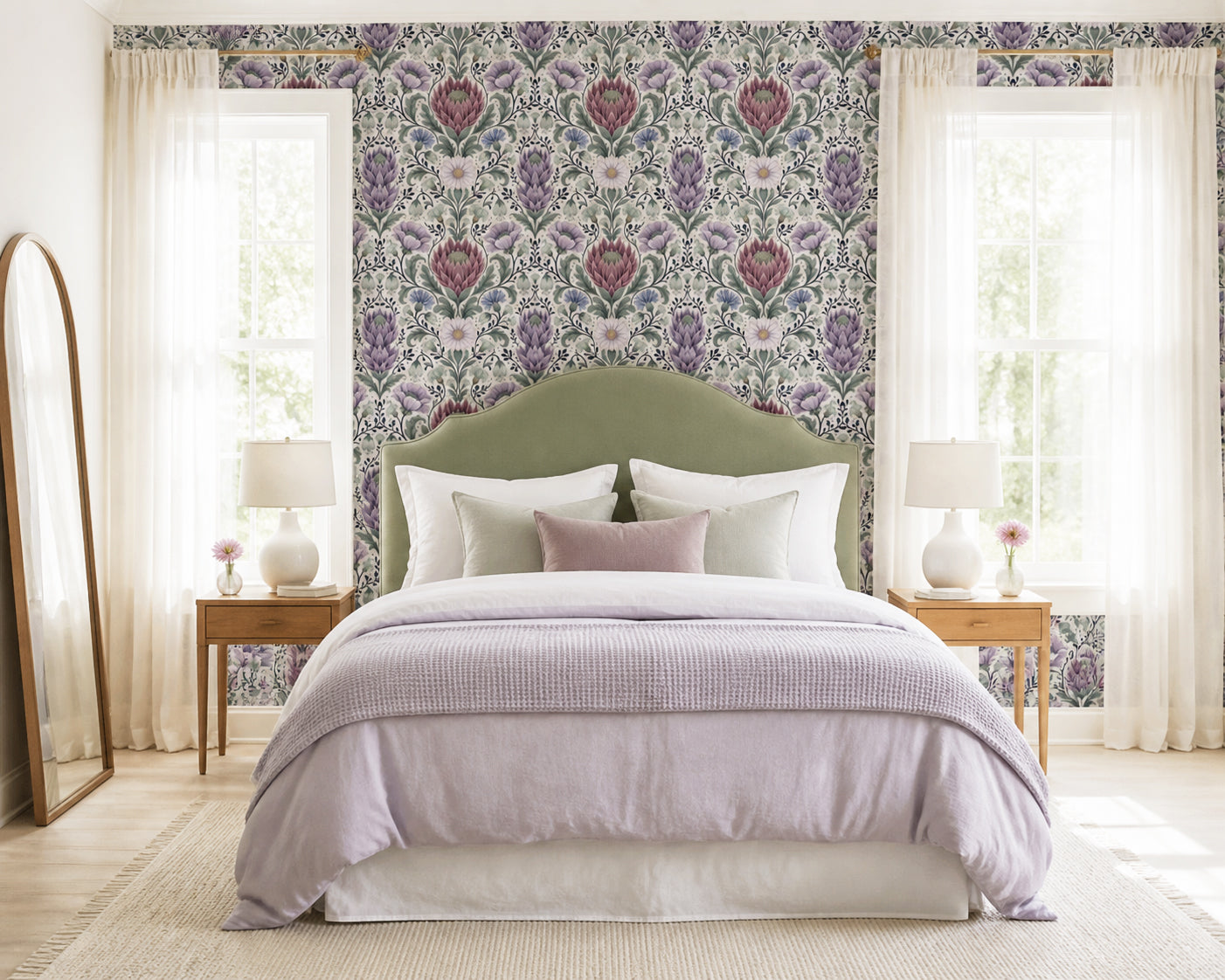 Purple Botanical Wallpaper Protea Damask Floral Living Room