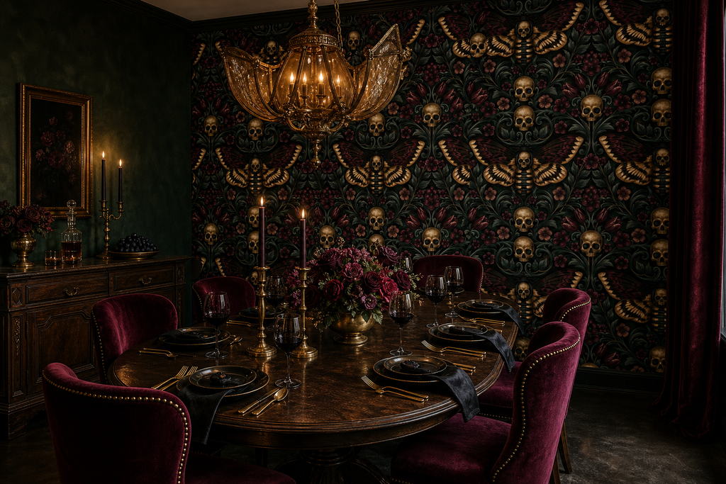 Gothic skull and moth damask wallpaper styled as a dramatic dark bedroom or library feature wall with velvet upholstery, antique brass lighting, and vintage decor — peel and stick or traditional paste wallpaper by WallpaperPixi