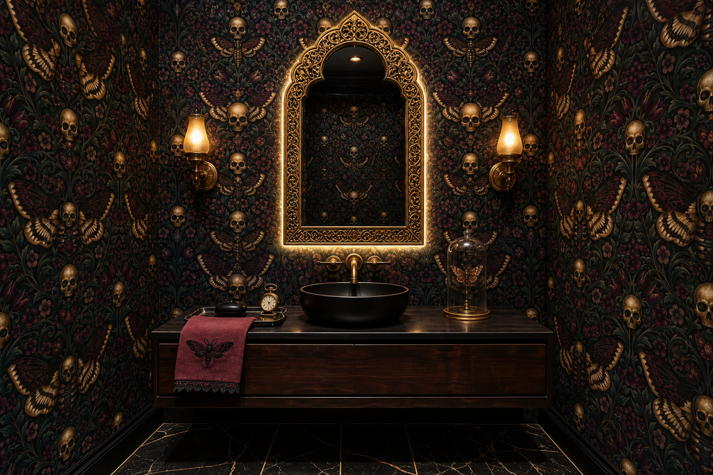 Gothic Skull Wallpaper Dark Damask Moth Floral Bedroom