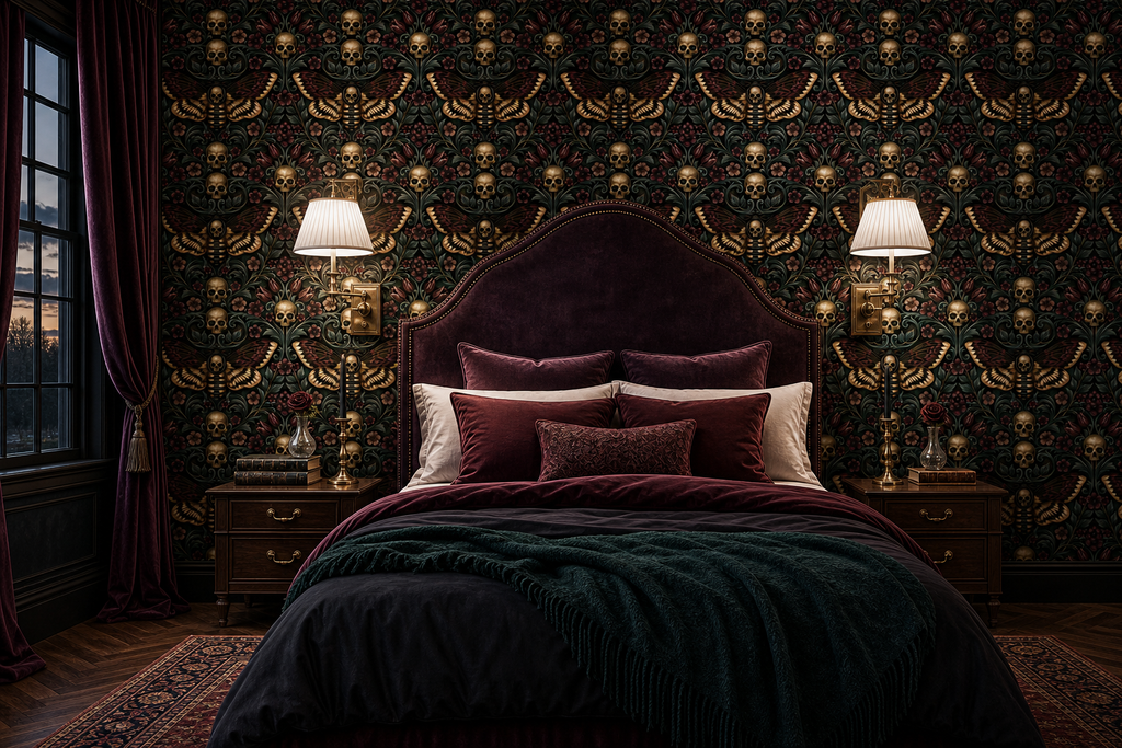 Gothic damask wallpaper featuring golden skull motifs, bronze and burgundy death's-head moths with detailed wing patterns, burgundy tulips, dark hellebore flowers, and dusky teal acanthus scrollwork on a deep near-black ground — premium dark romantic wallpaper by WallpaperPixi