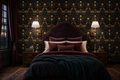 Gothic damask wallpaper featuring golden skull motifs, bronze and burgundy death's-head moths with detailed wing patterns, burgundy tulips, dark hellebore flowers, and dusky teal acanthus scrollwork on a deep near-black ground — premium dark romantic wallpaper by WallpaperPixi