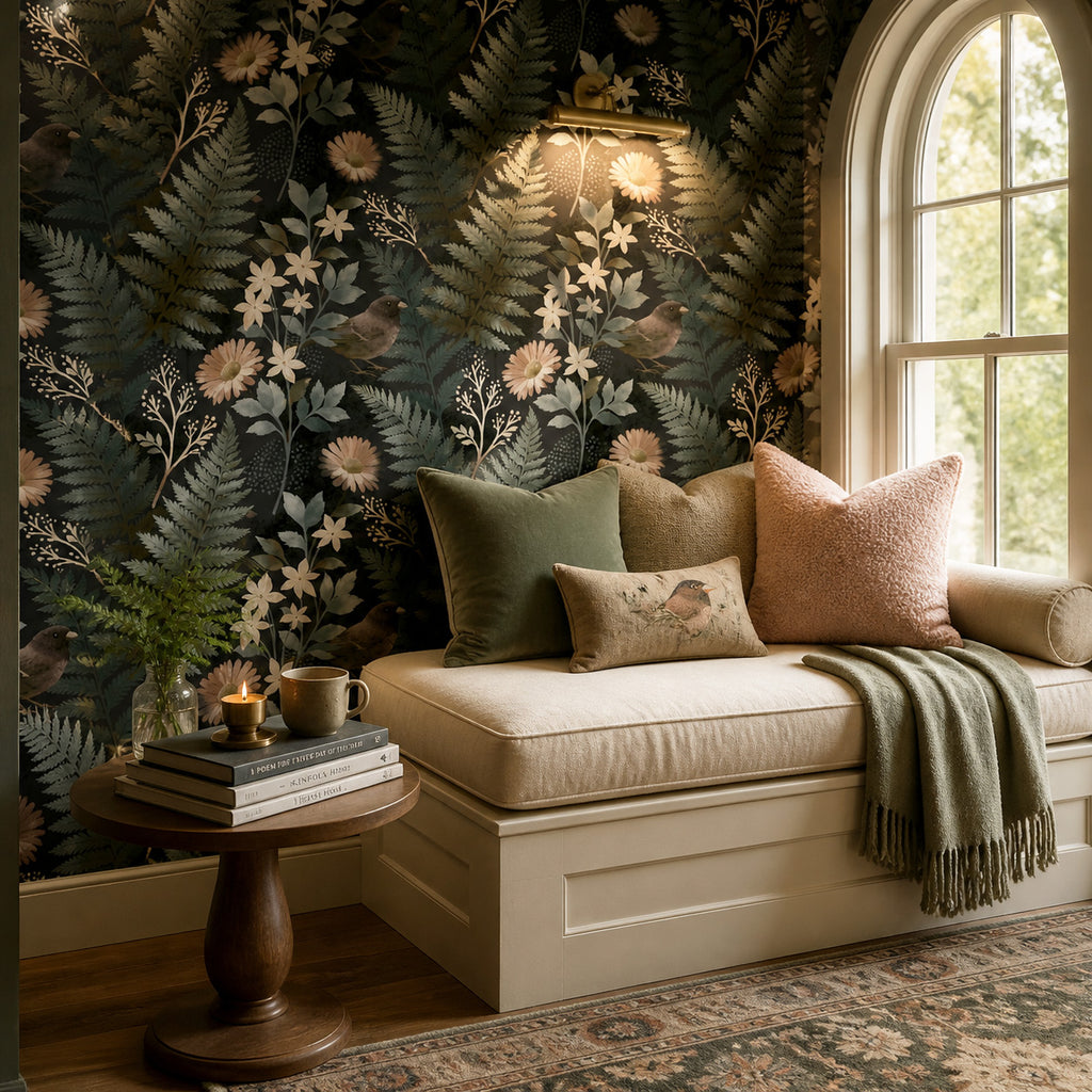 Dark Floral Wallpaper Bird Fern Botanical Bedroom Mural
