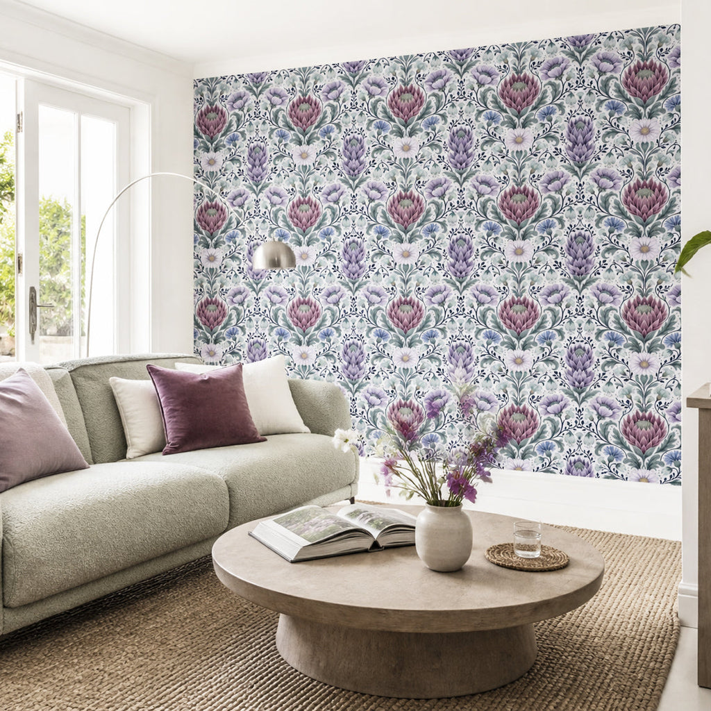 Purple Botanical Wallpaper Protea Damask Floral Living Room