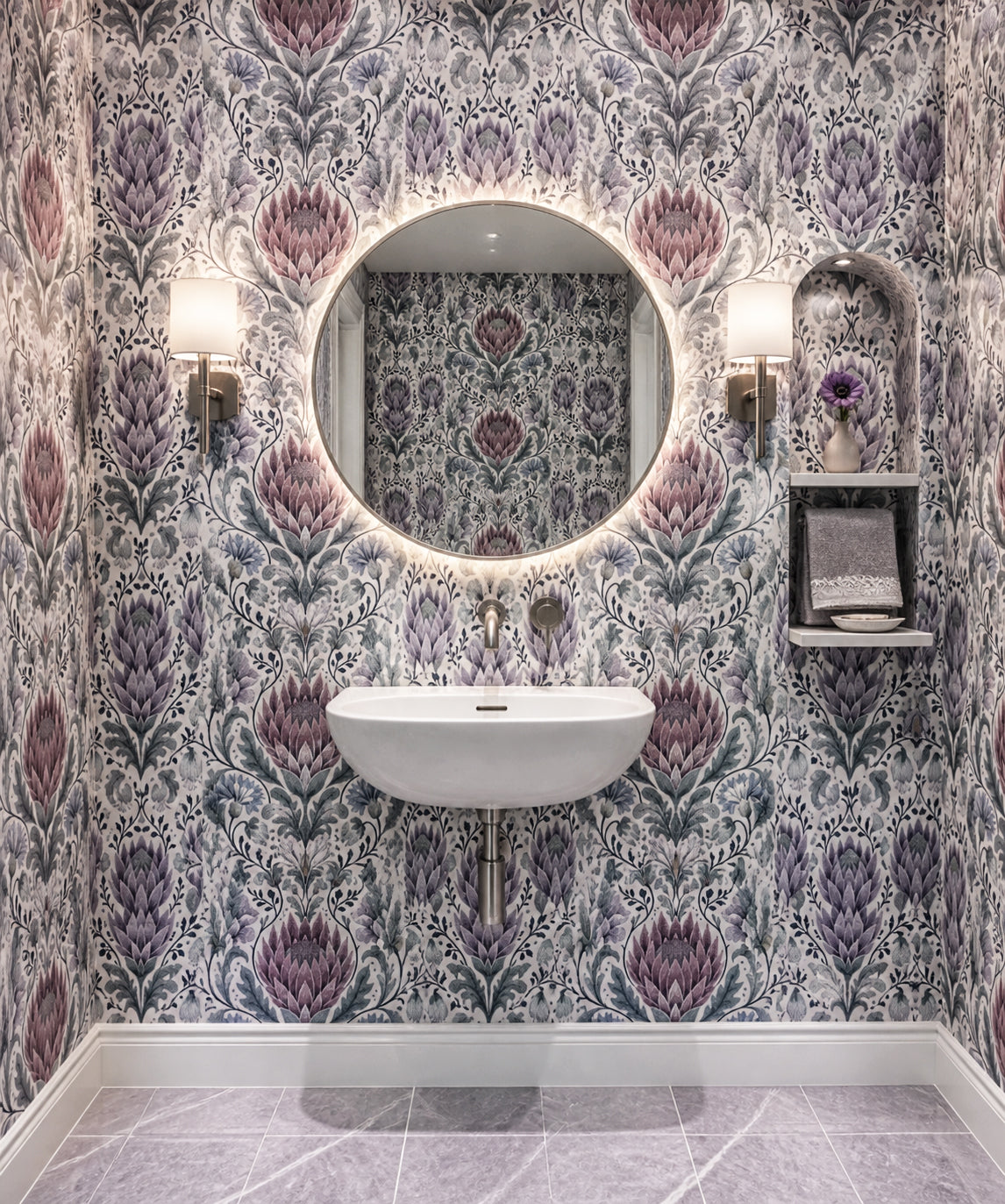 Purple Botanical Wallpaper Protea Damask Floral Living Room