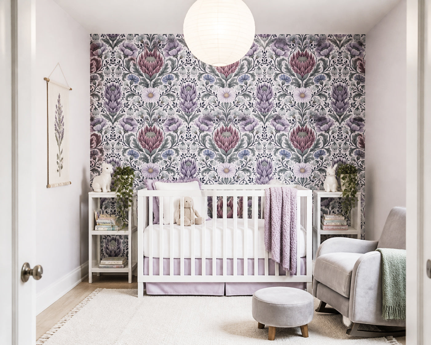 Purple Botanical Wallpaper Protea Damask Floral Living Room