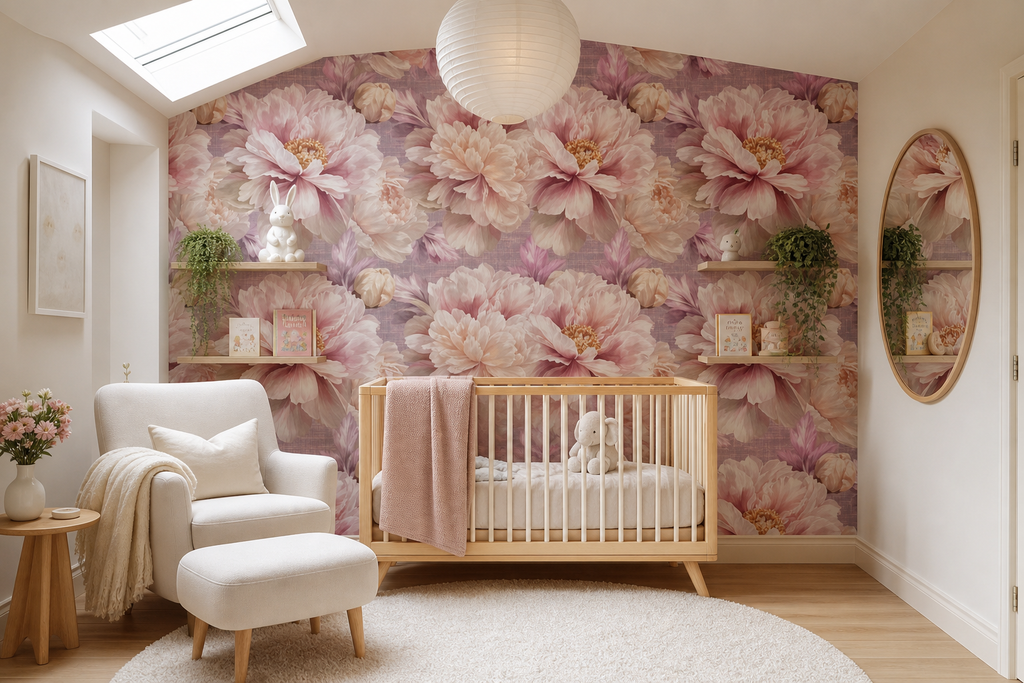 Oversized blush peony wallpaper styled in a romantic bedroom with linen headboard, white bedding, and warm natural light — peel and stick or traditional paste floral wallpaper by WallpaperPixi