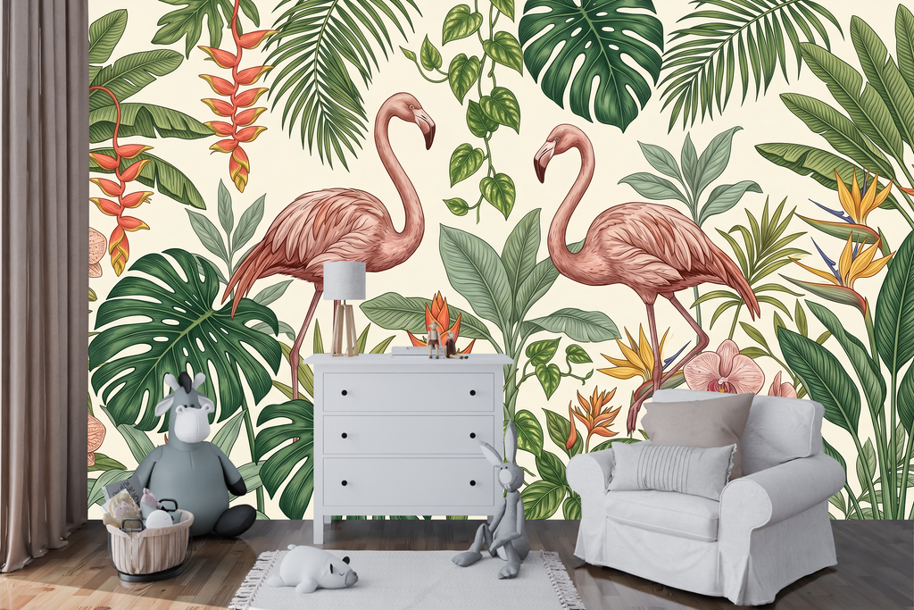 Tropical flamingo wallpaper mural featuring a pair of elegant pink flamingos among lush monstera fronds, banana leaves, palm fronds, red heliconia flowers, golden Bird of Paradise blooms, and soft pink orchids on warm ivory ground — premium tropical botanical wall mural by WallpaperPixi