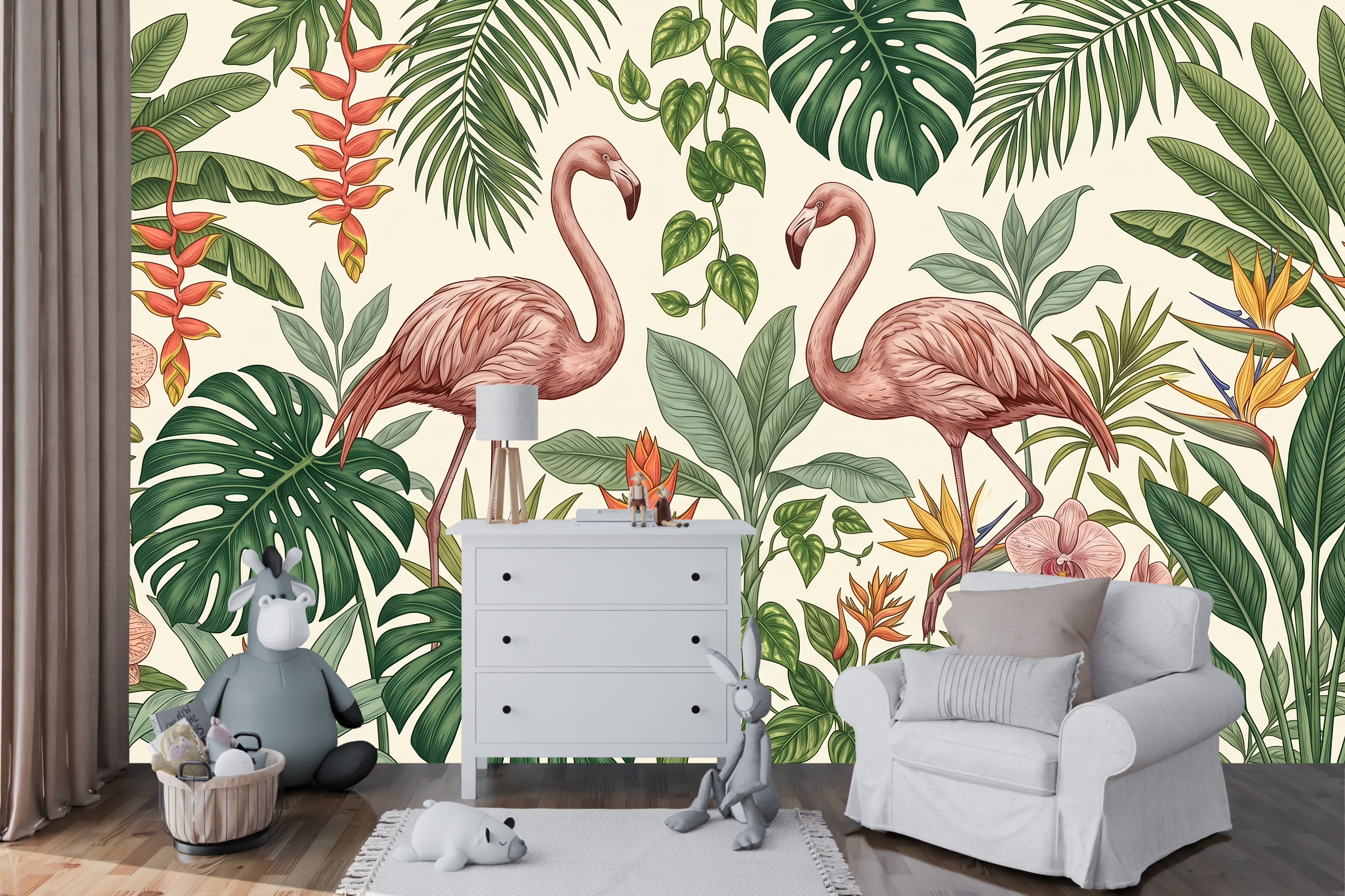 Tropical flamingo wallpaper mural featuring a pair of elegant pink flamingos among lush monstera fronds, banana leaves, palm fronds, red heliconia flowers, golden Bird of Paradise blooms, and soft pink orchids on warm ivory ground — premium tropical botanical wall mural by WallpaperPixi