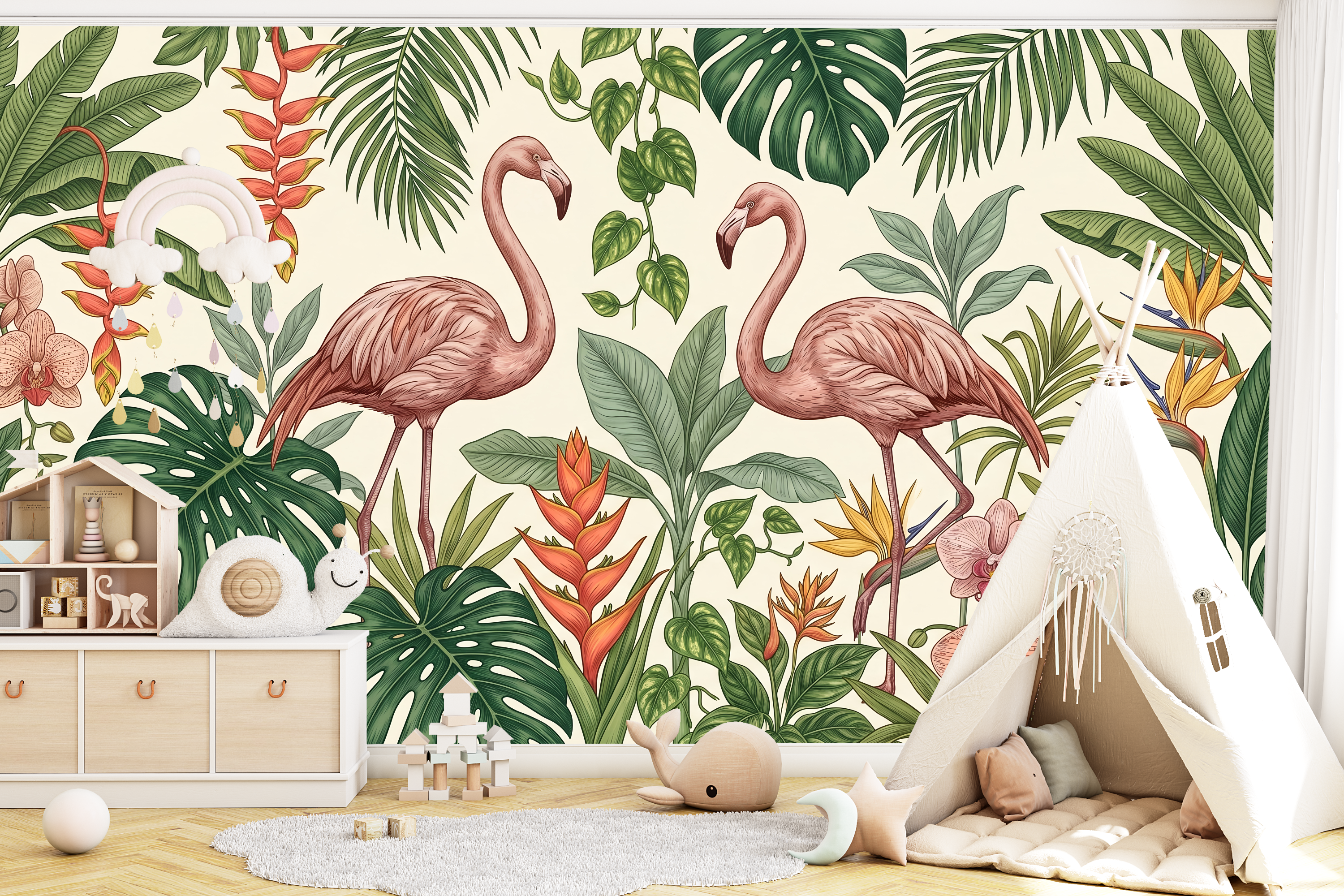 Tropical Flamingo Peel and Stick Wallpaper Botanical Wall Mural Bedroom