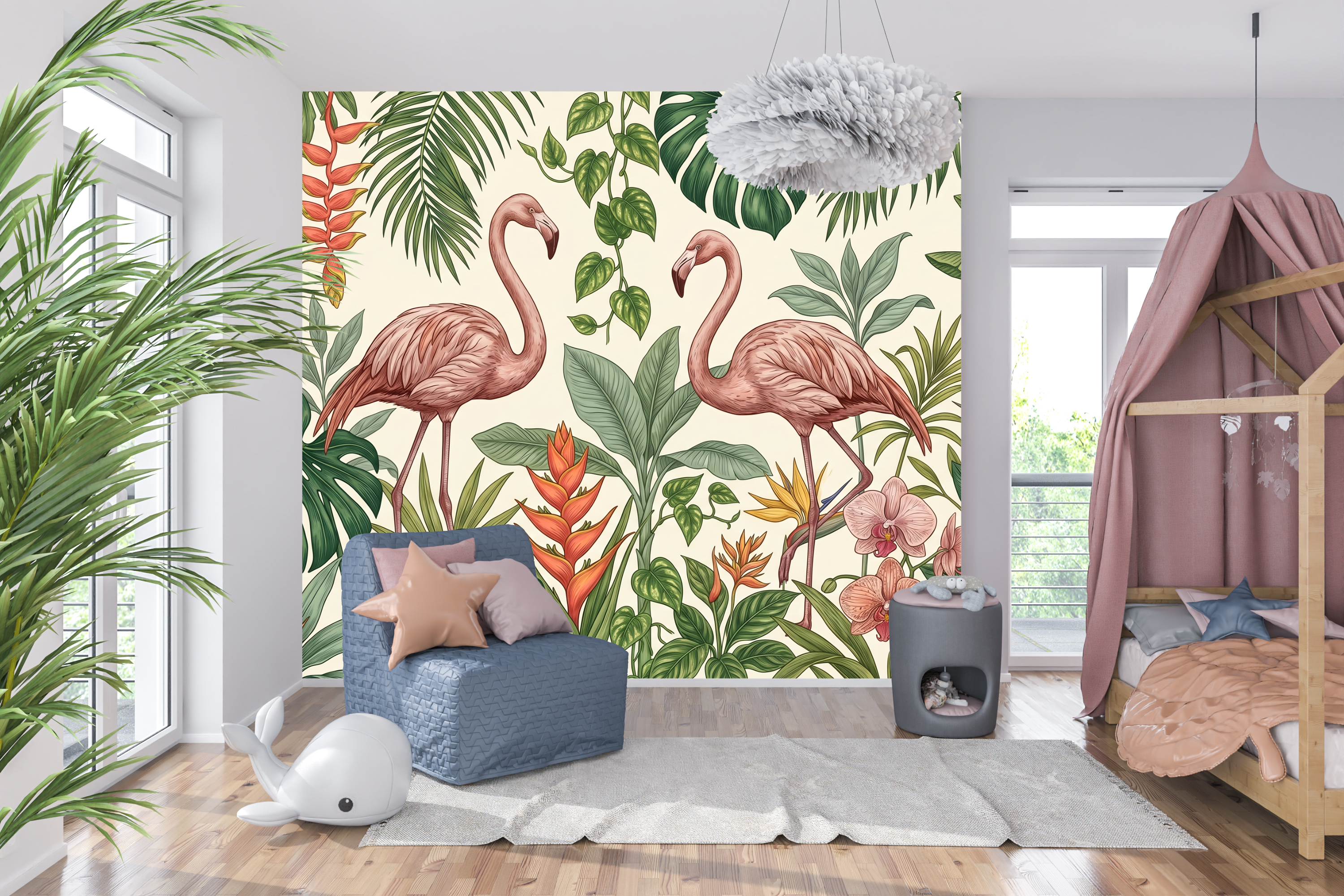 Tropical Flamingo Peel and Stick Wallpaper Botanical Wall Mural Bedroom